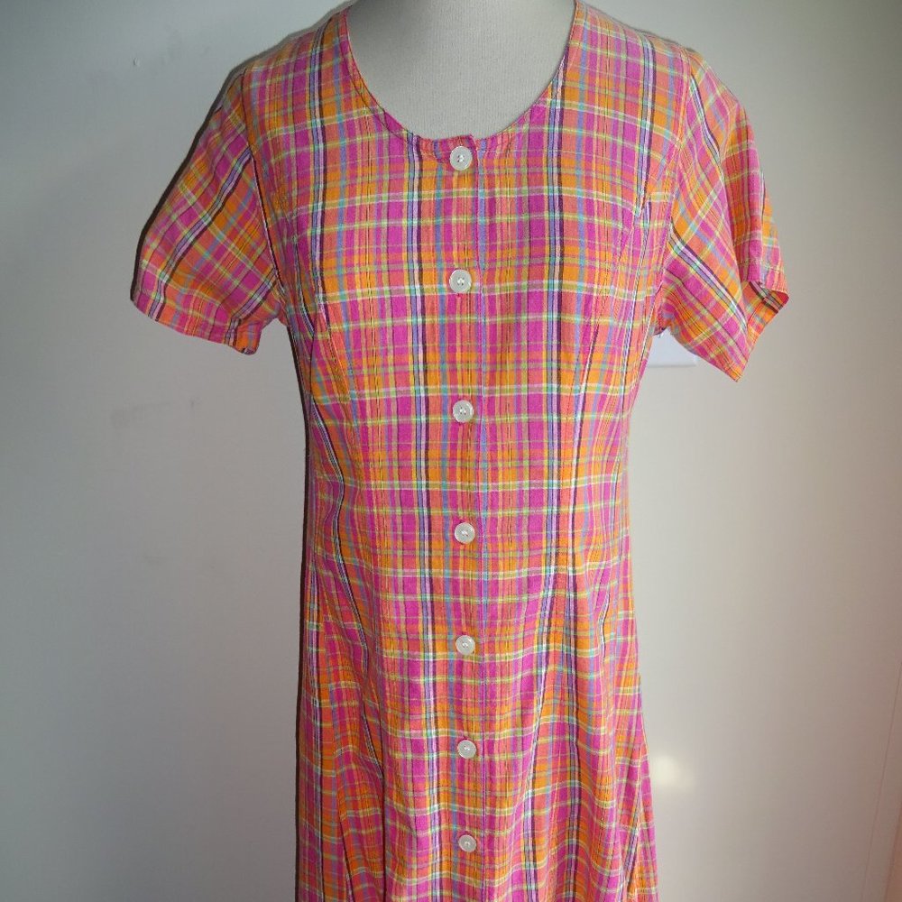 Vintage Womens JG Hook Plaid Tie Back Dress 8 Pink Orange Blue Green